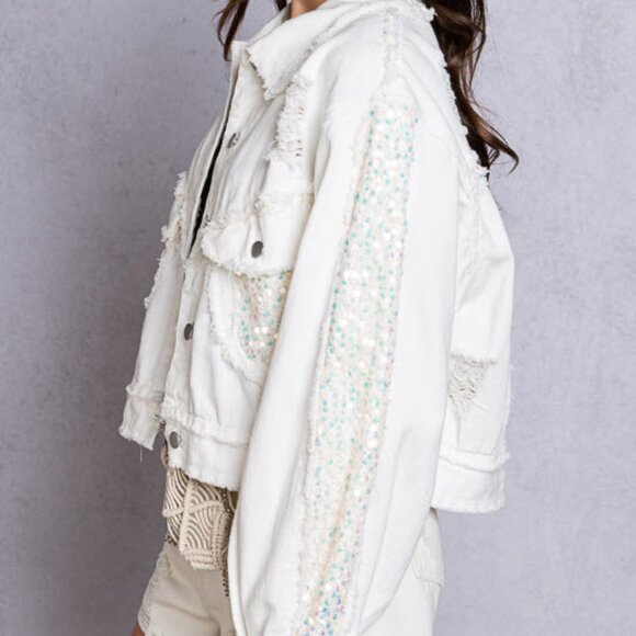 Distressed Denim Jacket with Sequined Details - Picture 6 of 17